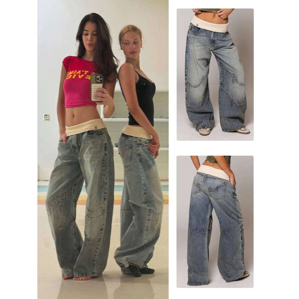 Revice Denim Straight Jeans Ribbed Waistband, Vintage Washed Light Blue Wide Leg Pants with Heavy Embroidery X251224