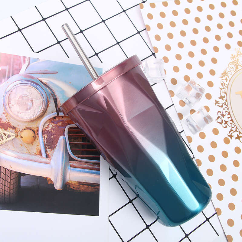 New Gradient Color Diamond with Straw Stainless Steel Vacuum Insulated Fashionable Car Coffee Water Cup