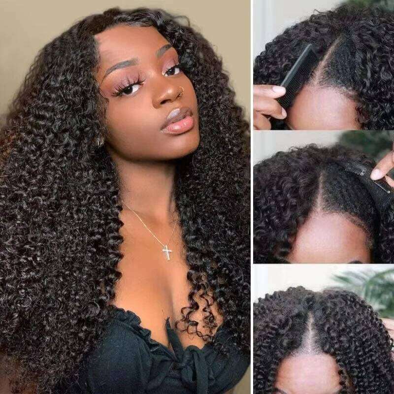 300% Kinky Part Leave Out Upgrade Deep Wave Curly V Shape No Glue Half Wig Human Hair For Women