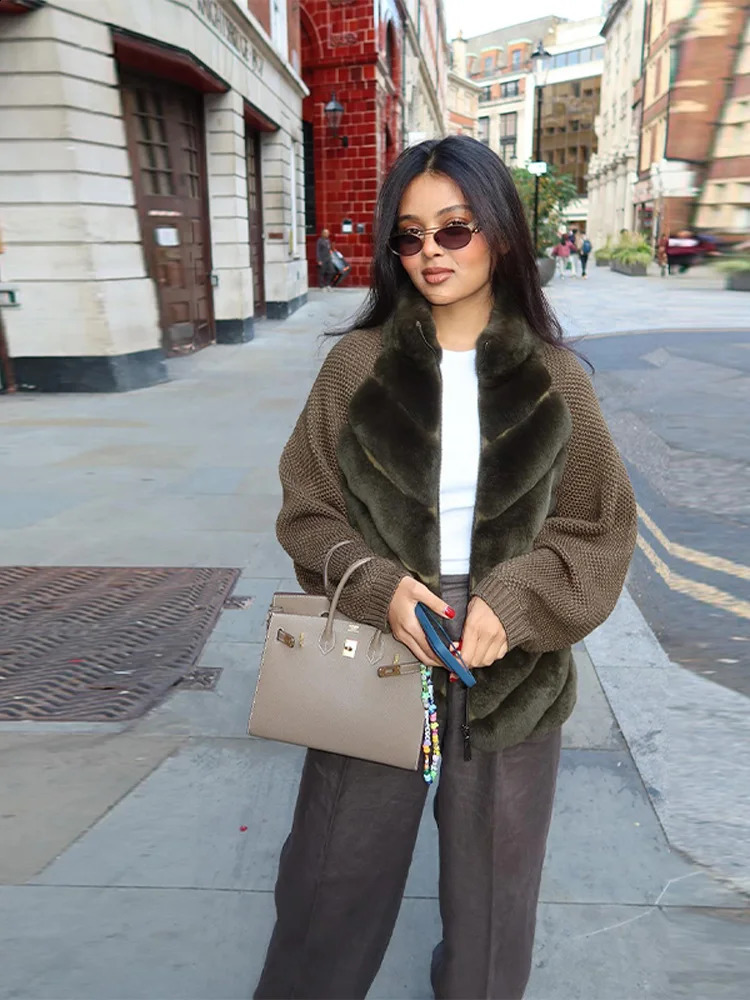 Patchwork Fur Knitted Cardigan Women Stand Collar Zipper Long Sleeve Fluffy Coat High Street Fashion Autumn Winter 2025 Sweater 251213 - view 4