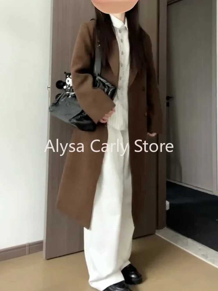 2023 Winter Korean Long Woollen Cost Women Double Breasted Chic Casual Loose Trench Jacket Female Fashion Outerwear Blazers CoatT251224