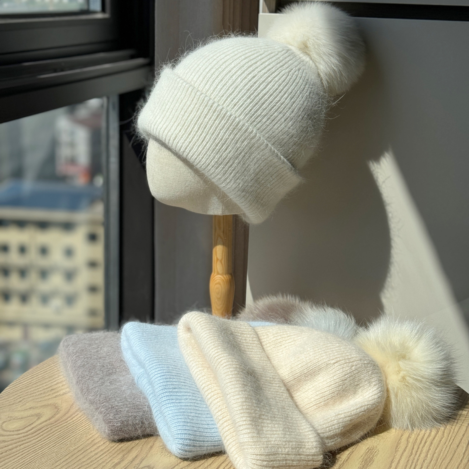 New Style Fox Fur Ball Hat for Women Winter Solid Color Woolen Thread Hat Face Slimming Ear Protection Knitted Thickened Warmth Cold Protection