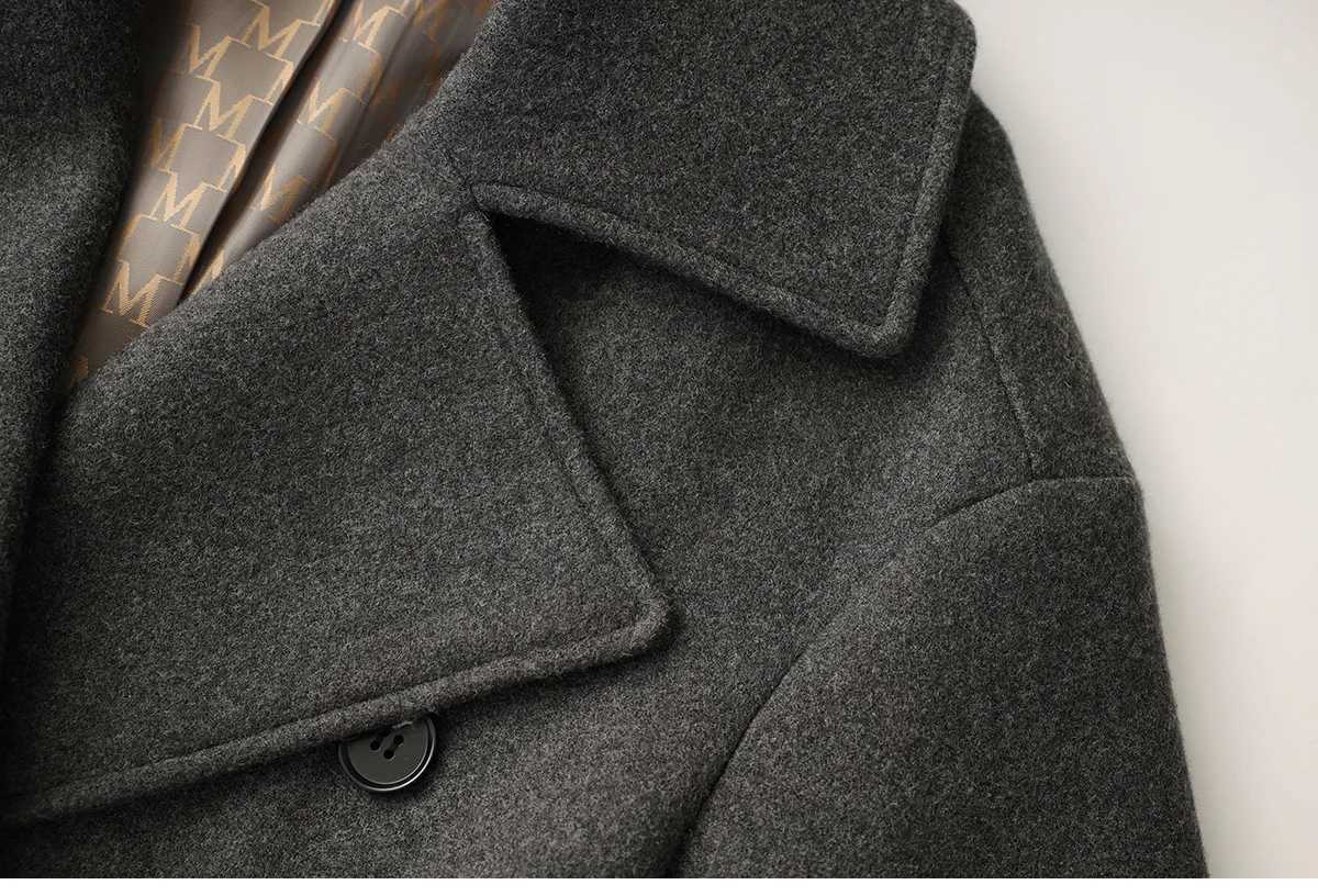Dark Grey Womens Turn-Down Collar Double-faced Woolen Coat Autumn Winter Loose Casual Mid-Length Straight Overcoat With BeltT251224