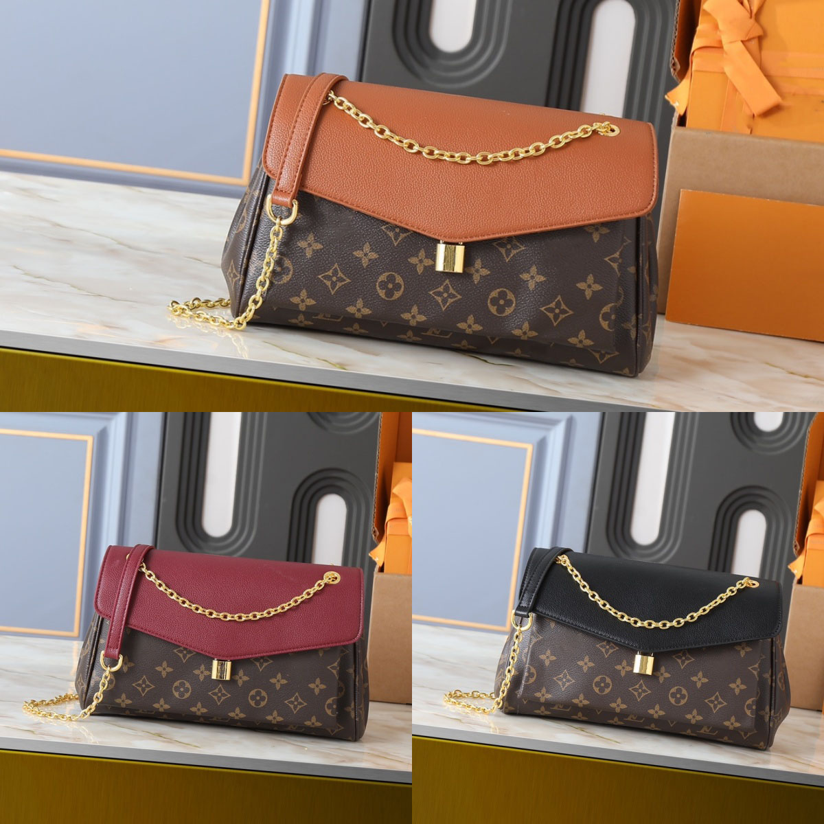 New style chain postman bag, small women's bag, trendy single-shoulder crossbody, genuine leather, color-block, light luxury and fashionable women's bag.