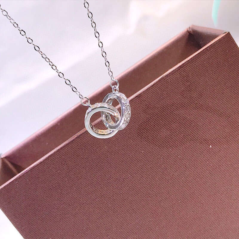 White Copper Electroplated Real Gold Inlaid Diamond Interlocking Necklace for Women Double Ring Pendant Internet Celebrity Niche Design Sense Choker