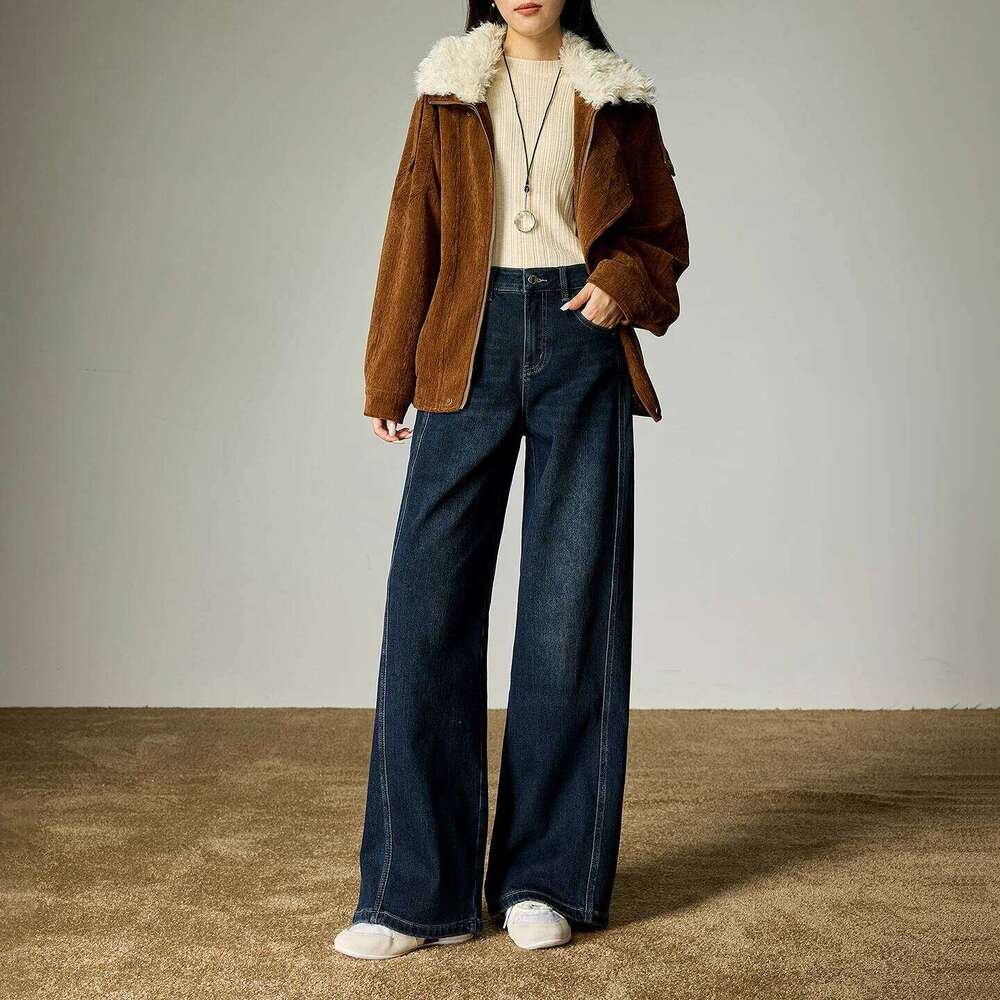 TOYOUTH Women Stretchy Jeans 2025 Winter New Fleece-Lined Warm Retro Indigo Deconstructed Split Wide-Leg Trousers X251224