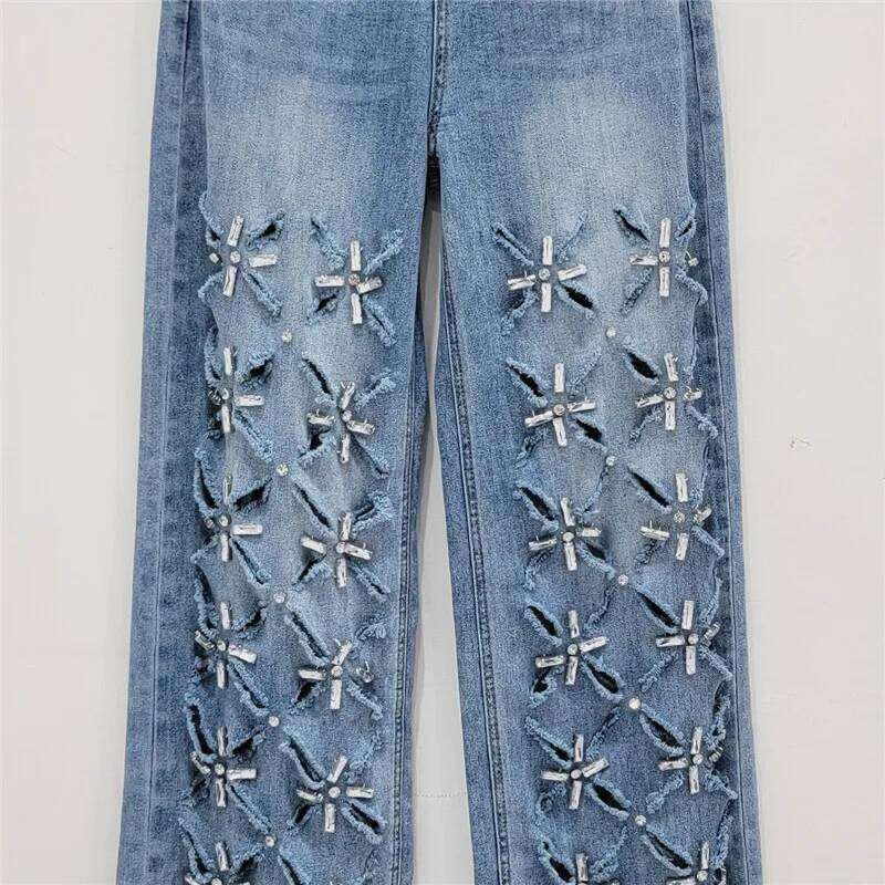 DEAT Women's Denim Pants Broken Holes Diamonds Tassel Design Female Blue Straight Long Jeans 2025 Summer New Fashion 29L8046 X251224