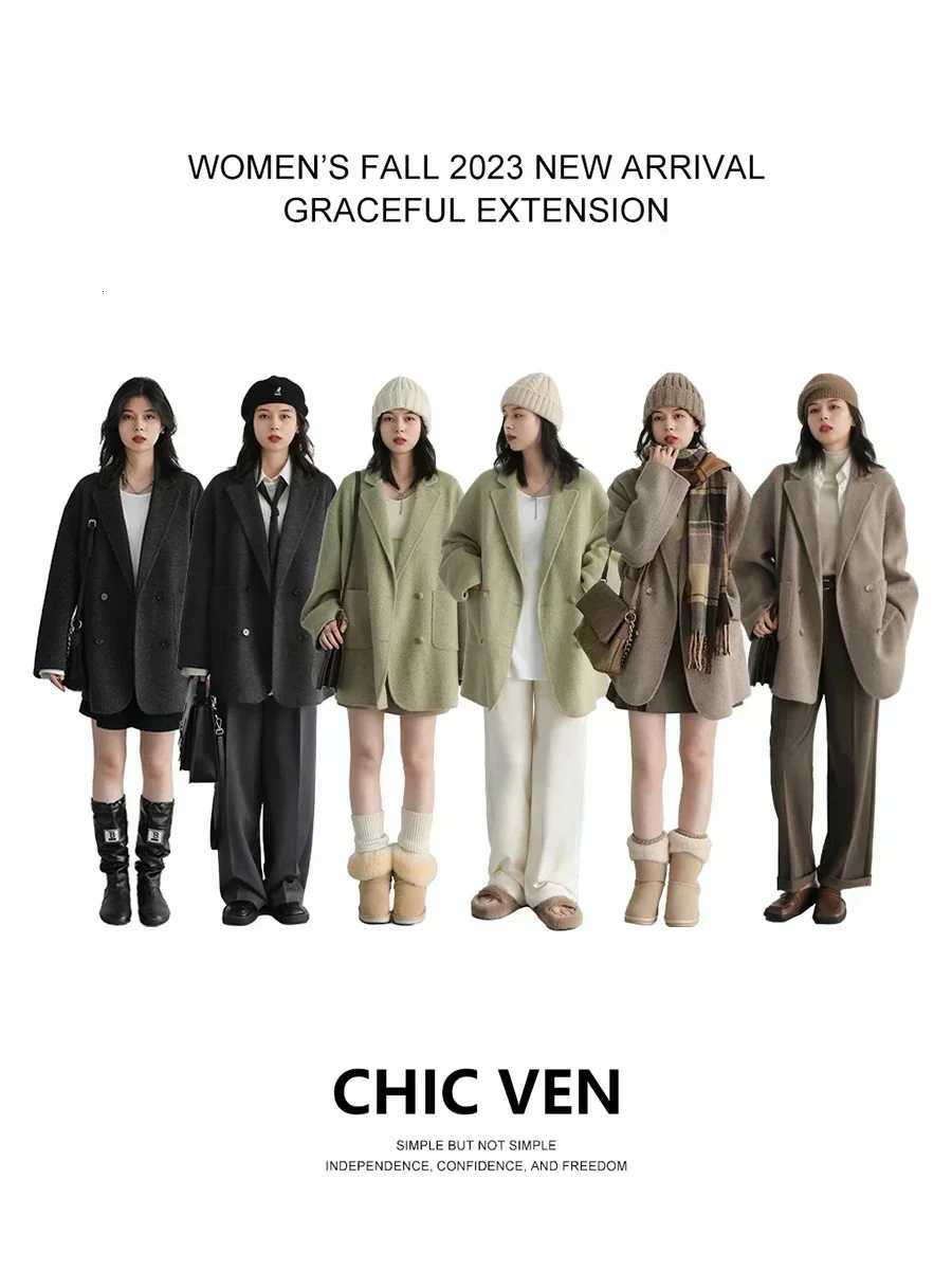 CHIC VEN Womens Woolen Coats Loose Casual Double Breasted Retro Double-sided Jacket Office Lady Outerwear Autumn Winter 2023T251224