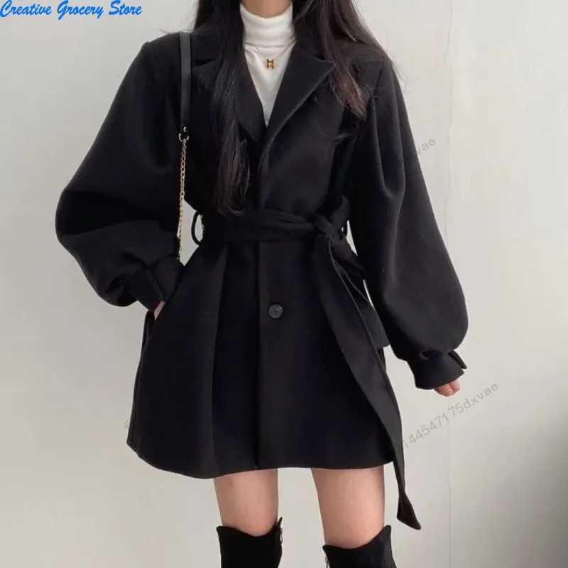 Korean Version Autumn and Winter Loose Style Coat Womens Woolen Suit Collar Medium and Long Small Woolen Coat WomenT251224