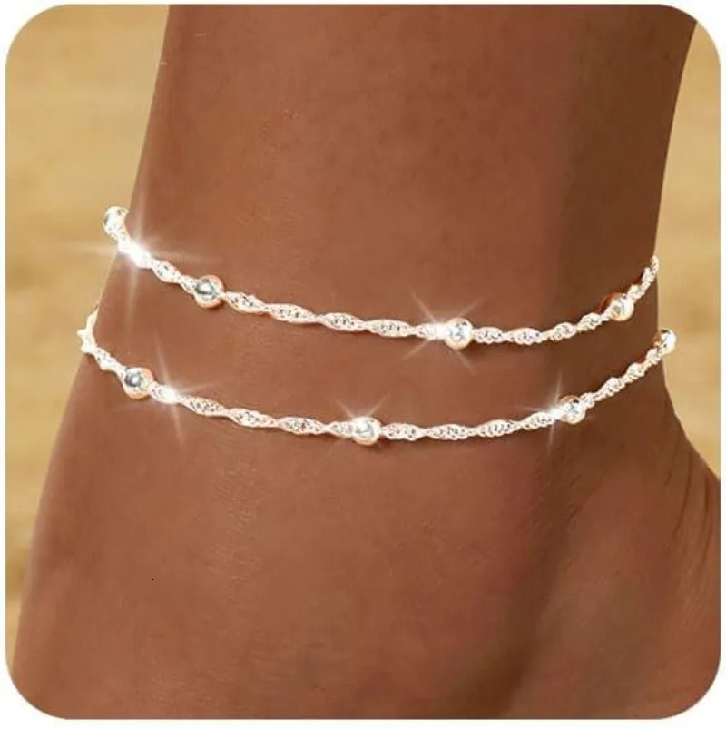 Waterproof Gold Silver Ankle Bracelets for Women 14K Gold Plated Stainless Steel Double Layered Twist Beaded Anklets for Girls 251219
