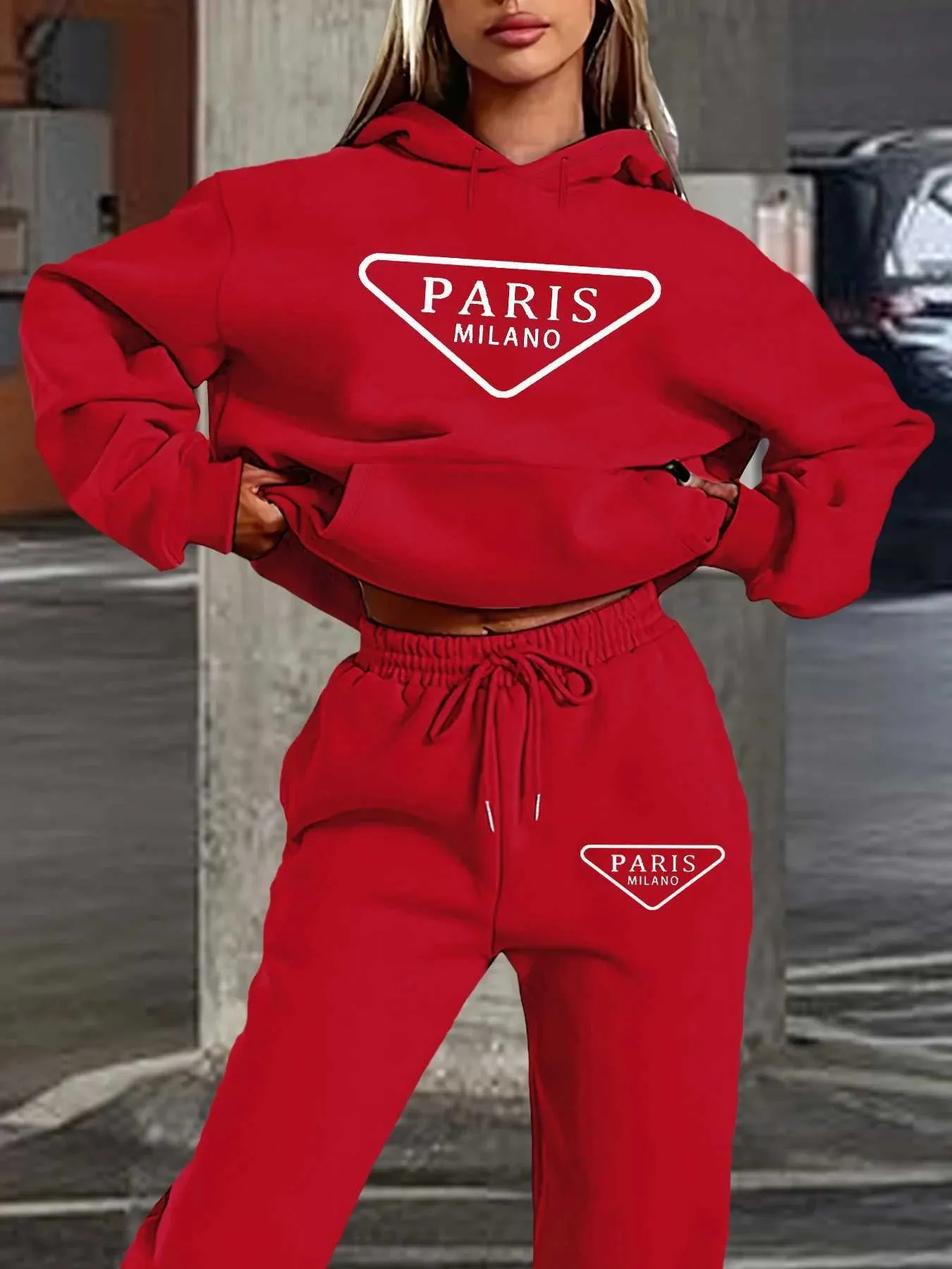 Womens autumn and winter fashionable casual Paris MILANO printed and plush thick warm hooded sweatshirtsports pants set designer