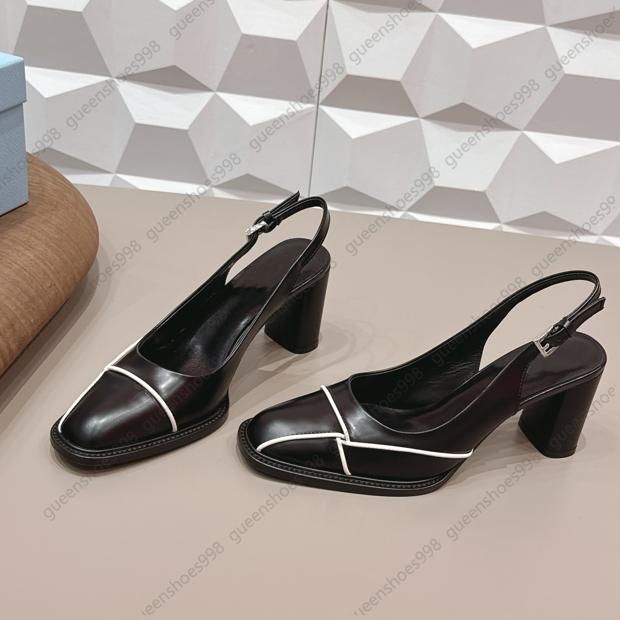 10A Top Quality Coarse Heel Sandals Womens Fashion Leather Splicing Luxury Designer Shoes Casual Buckle Square Toe Slingbacks High Heels 2026 Party Pumps Size 35-41