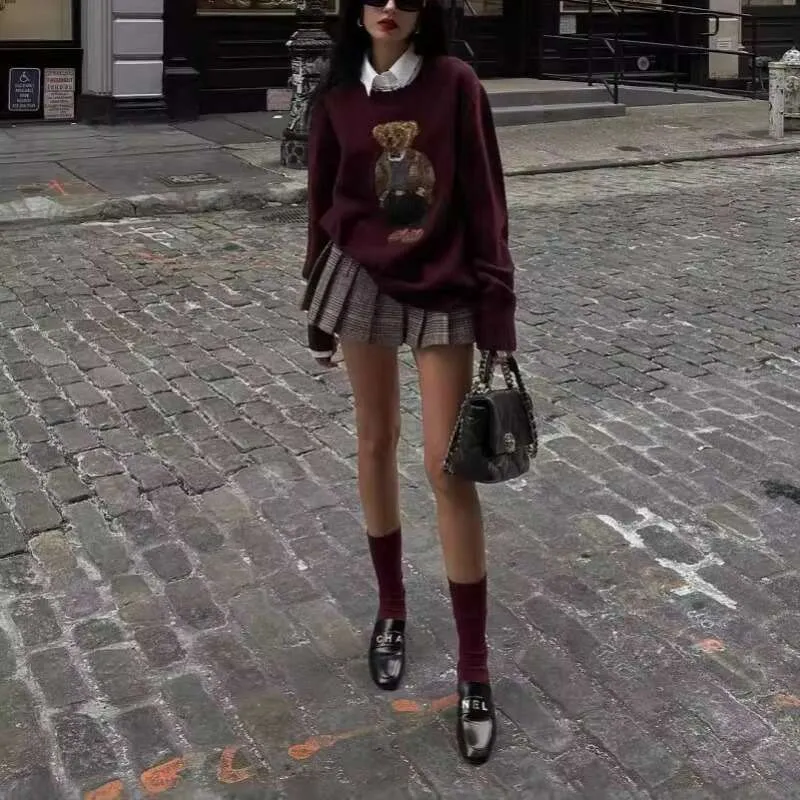 Autumn&Winter New Women's Clothing Teddy Bear Embroidery Round Neck Slim Fit Cartoon College Style Knitted Sweater Top