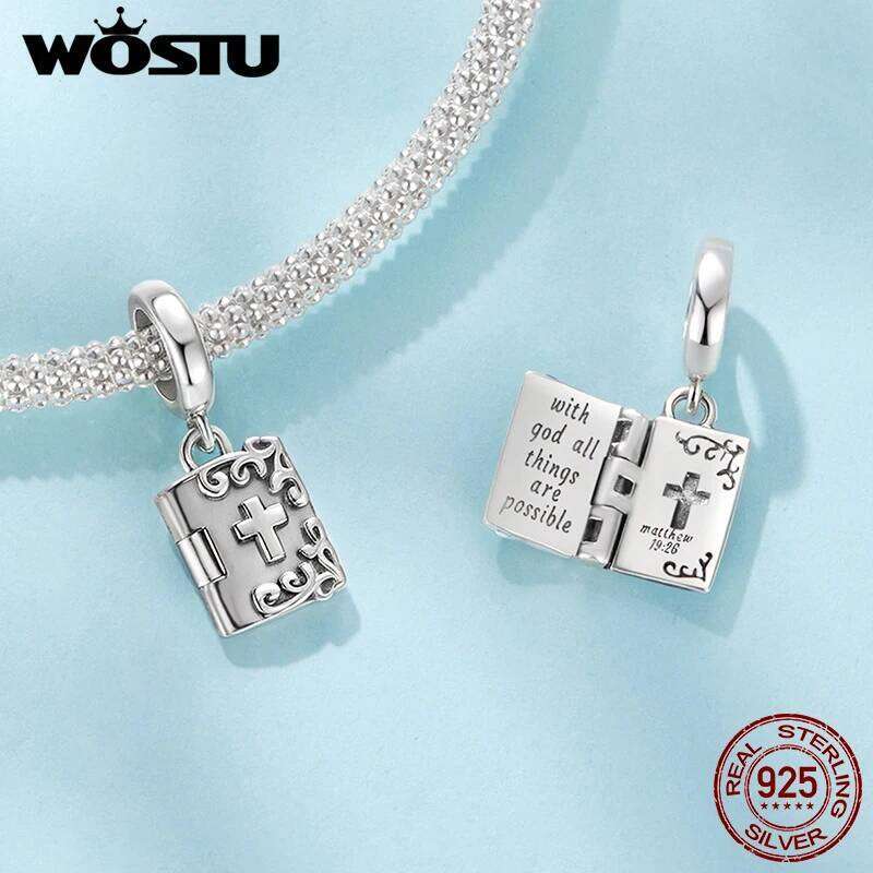 WOSTU 925 Sterling Silver Religious Openable Bible Book Charm Cross Faith Pendant Celtic Knot bead Fir Bracelet DIY Family Gift X251224