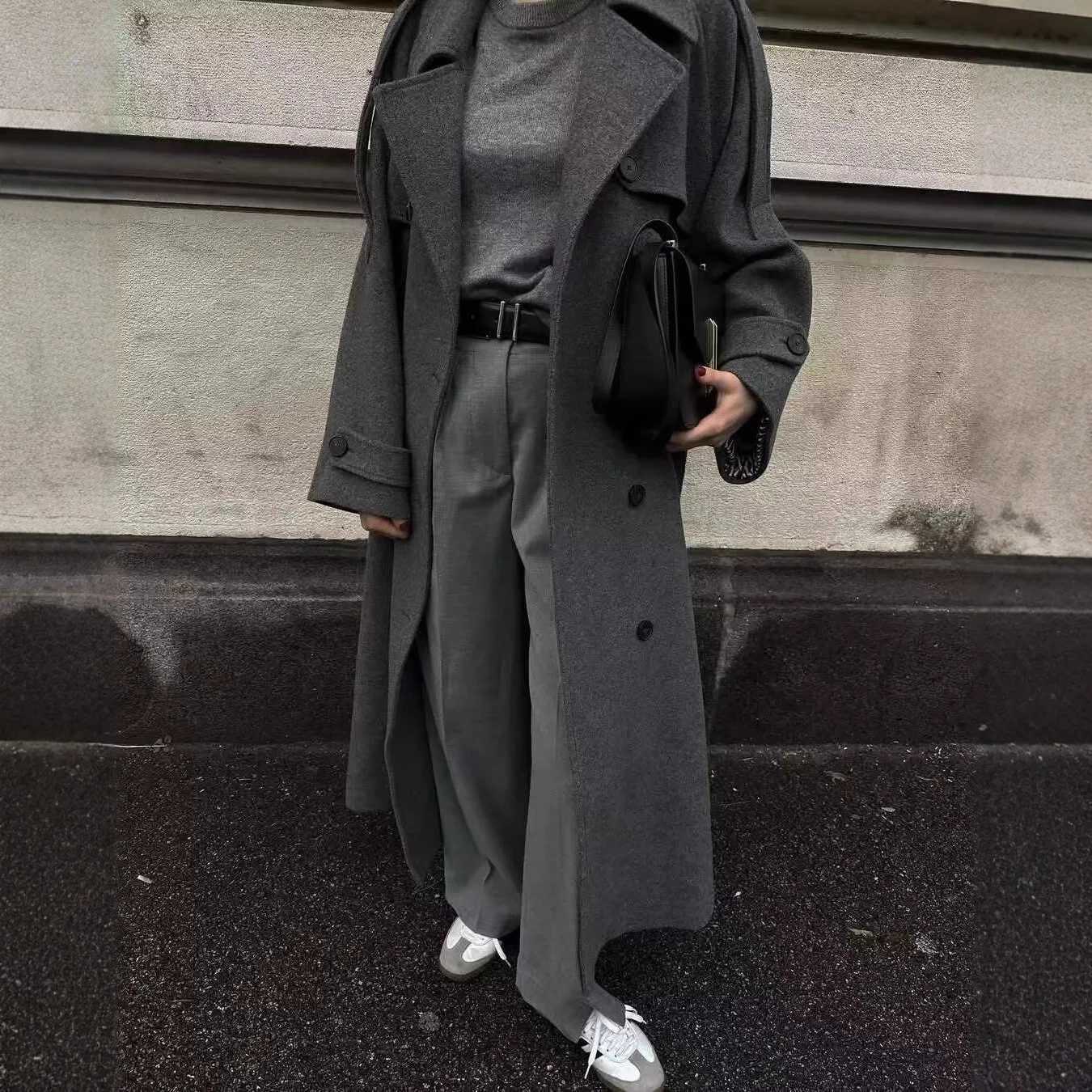 Double-breasted Long Woolen Coats Womens Elegant Lapel Pocket Blends Overcoat With Belt Winter New Female Casual StreetwearT251224