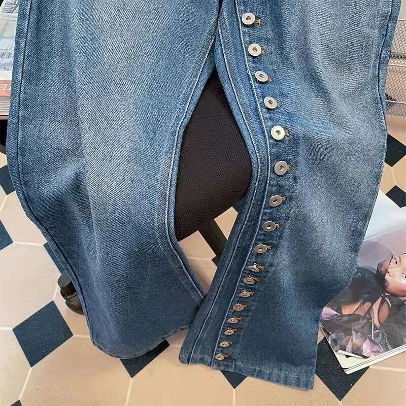 Retro Blue Straight Loose Jeans 2025 New Spring Autumn Multi Buttons Design Slim Wide Leg Denim Pants Female Trousers Streetwear X251224