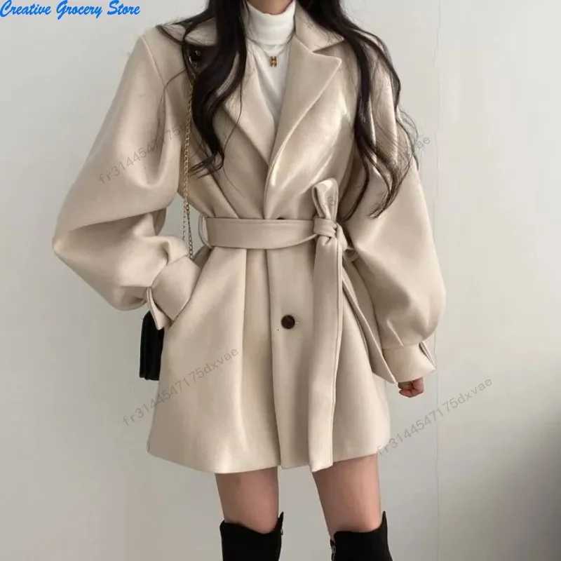 Korean Version Autumn and Winter Loose Style Coat Womens Woolen Suit Collar Medium and Long Small Woolen Coat WomenT251224