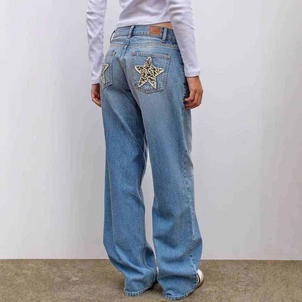 American Retro Street Leopard Stars Patch Patchwork Loose Casual Women Jeans Denim Straight Pants X251224