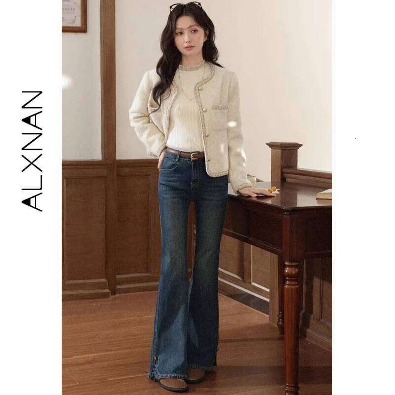 ALXNAN Vintage Blue Jeans Women's Flared Straight Cotton Denim 2025 Fall Office Lady Elegant Slim-fit Female Pants L57873 X251224