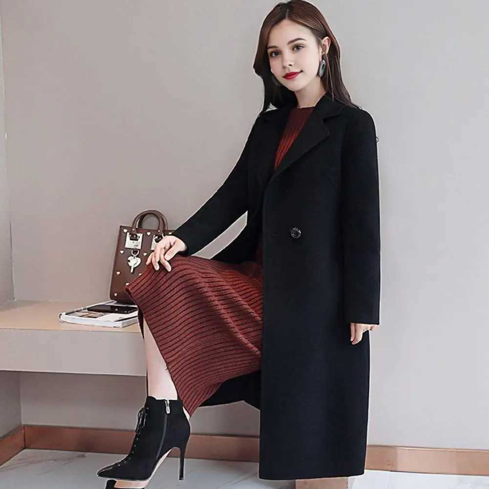 Winter Mid-length Women Overcoat Solid Color Double-breasted Turn-down Collar Coat Thermal Long Sleeve Wool Jacket With PocketsT251224