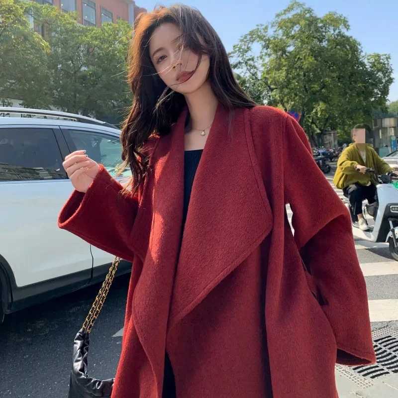 100 Wool Coat Womens Wear 2025 Autumn/Winter Fashion Temperament Double sided Cashmere Coats with Belt Elegant Long OvercoatT251224