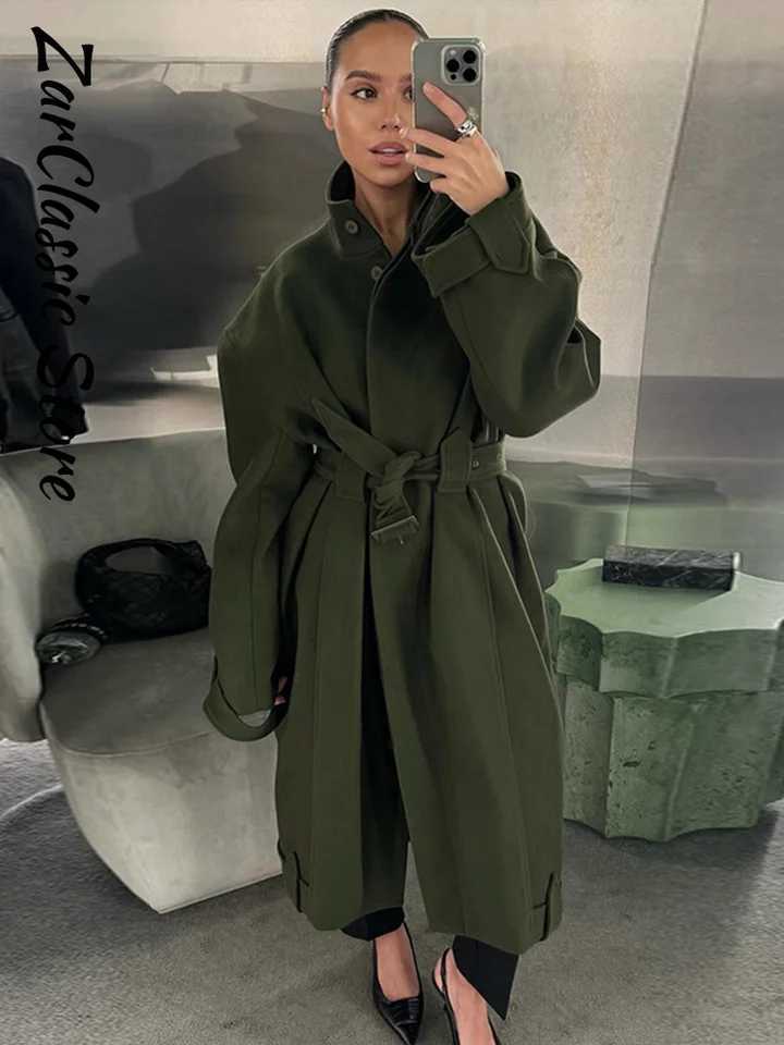 Elegant Stand Collar Belt Mid Woolen Women Coats Warm Single Breasted Full Sleeve Solid Quilted Jackets 2025 Thicken OutwearsT251224