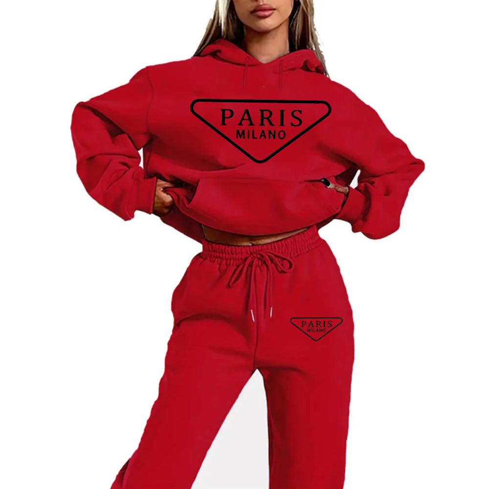 Womens autumn and winter fashionable casual Paris MILANO printed and plush thick warm hooded sweatshirtsports pants set designer