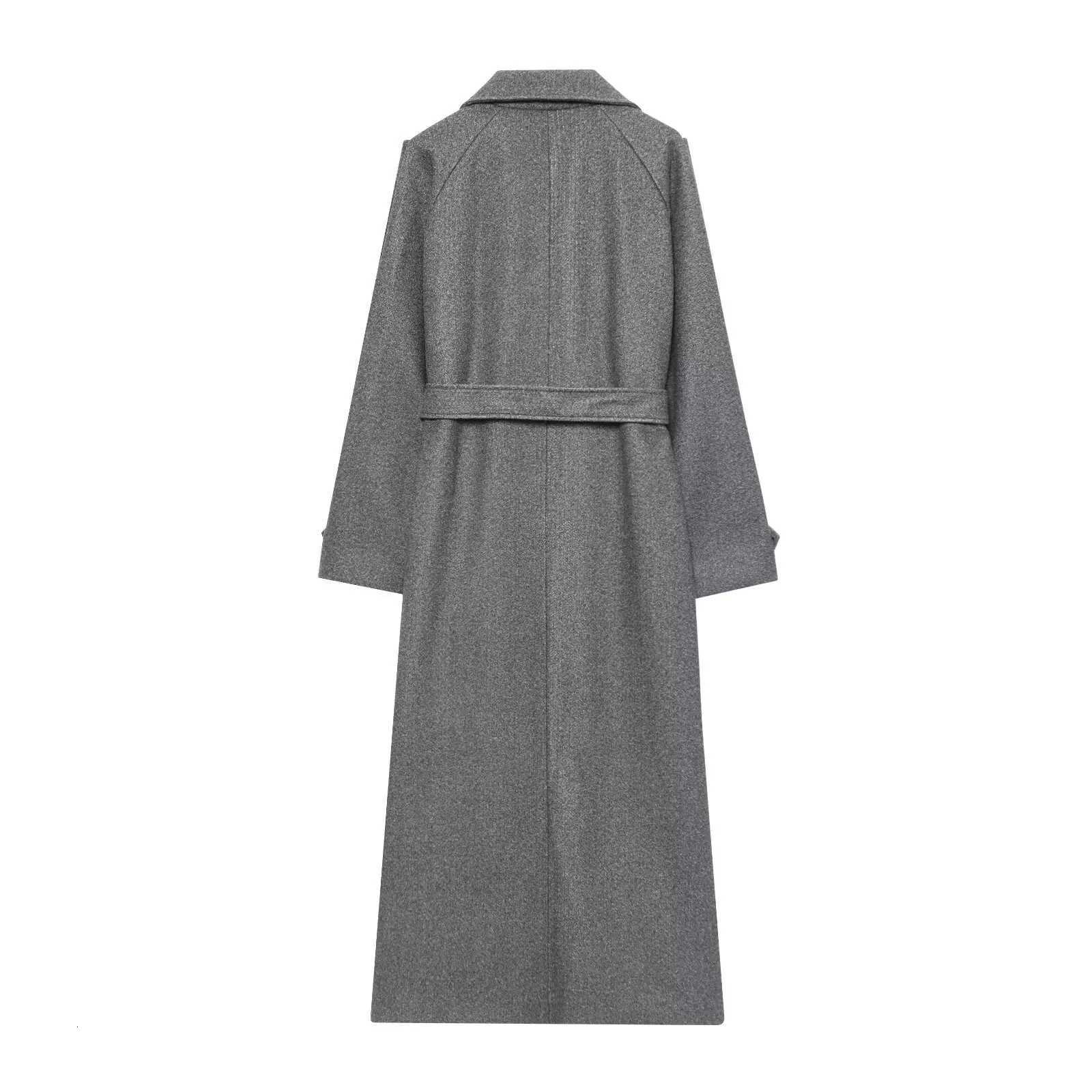 Double-breasted Long Woolen Coats Womens Elegant Lapel Pocket Blends Overcoat With Belt Winter New Female Casual StreetwearT251224