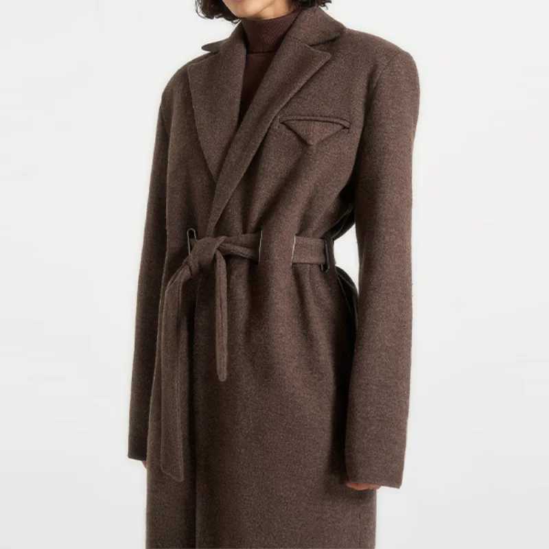 Vintage Long Woolen Blend Overcoats for Women Lapel Full Sleeve Maxi Coat with Waistbelt Shoulder Pad Jacket New Winter OutwearsT251224