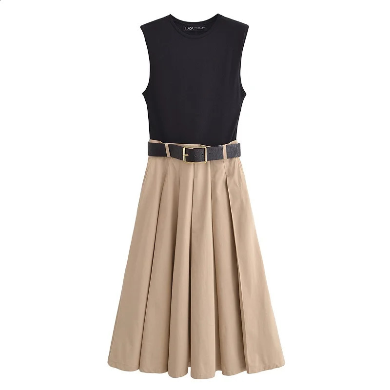 MUJER Belt Pleated Midi Sleeveless Summer Dress Woman Knitted Party Dresses for Women Sundress 251223 C260312