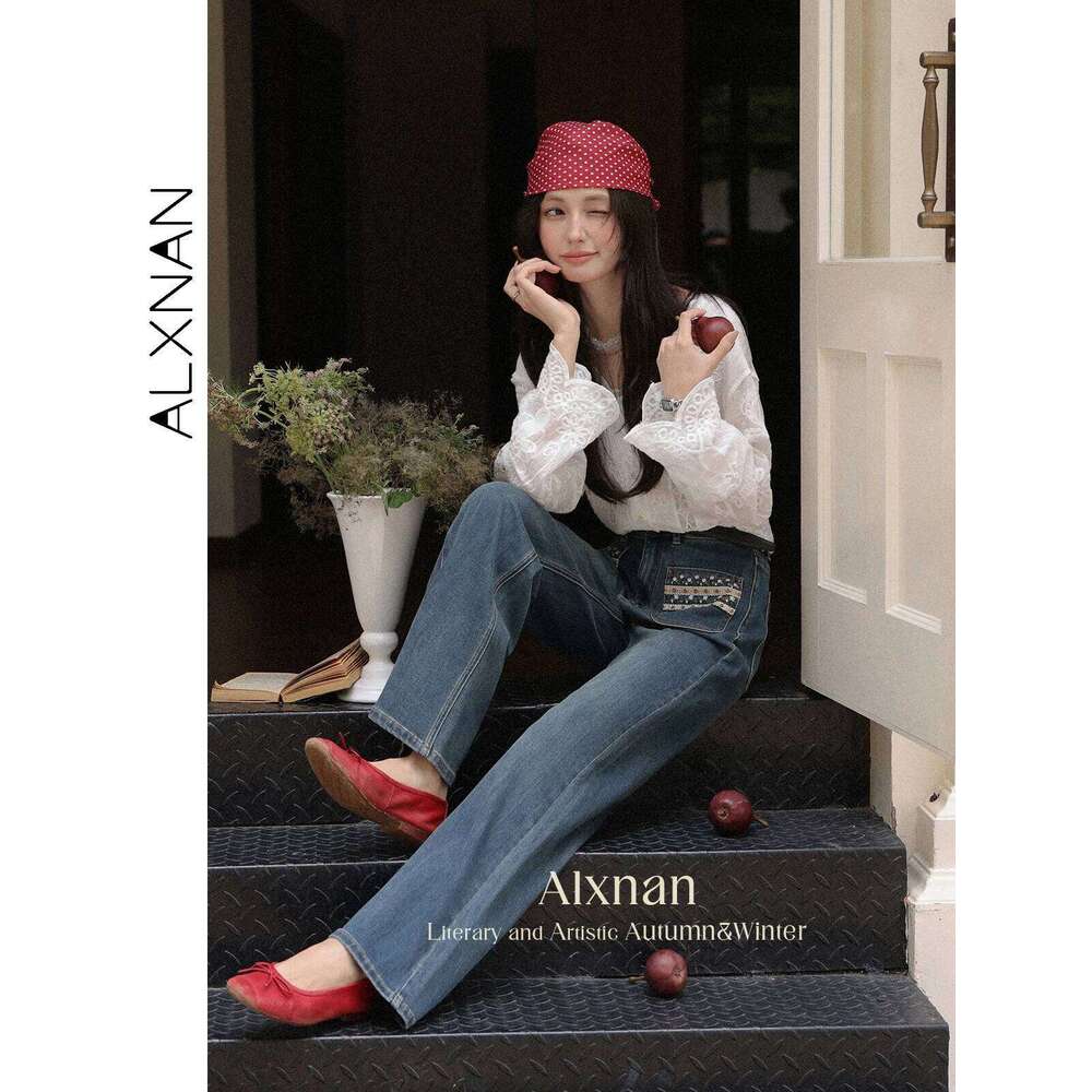ALXNAN Blue Vintage Jeans High-waist Straight Wide-leg Baggy Pants 2025 Autumn Casual Elegant Office Lady Cotton Trousers L56751 X251224