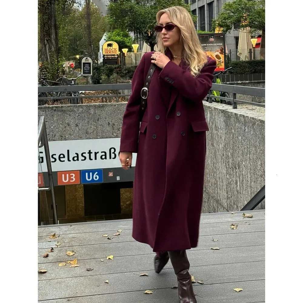 Women Fashion Burgundy Woolen Coat Double Breasted Long Sleeve Lapel Blends Jacket Autumn Winter High Street OuterwearT251224