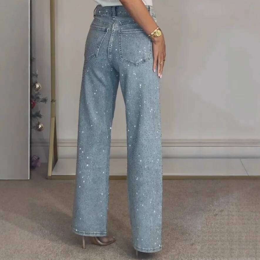 Straight Jeans for Women Diamonds Pants Stretch High Waist Washed Distressed Pockets Vintage Denims Streetwear Female Trousers X251224