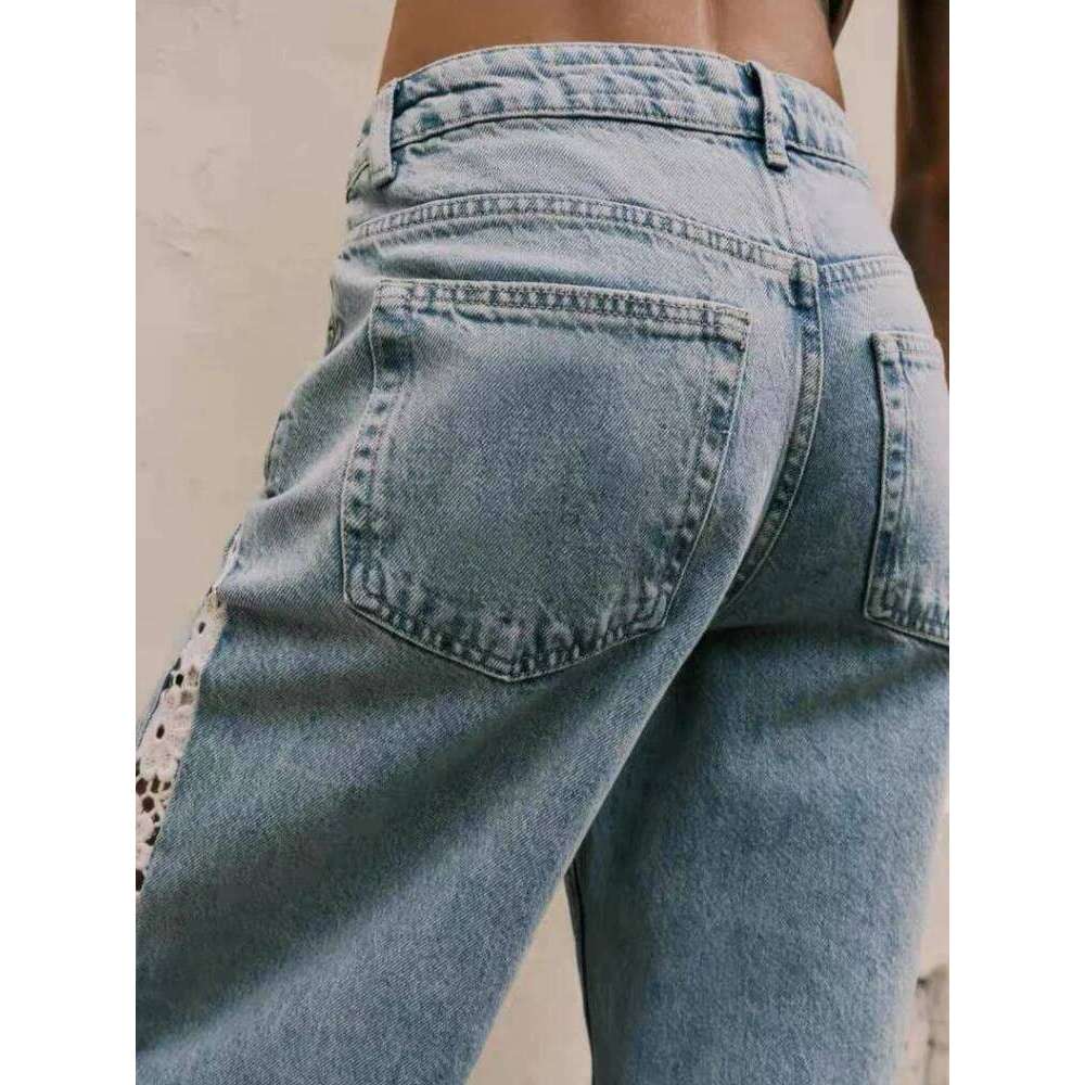 2025 Ropa Y2K Fashion Hollow Lace Patchwork Vintage Blue Baggy Jeans Pants For Women Clothing Korean Casual Lady Denim Trousers X251224