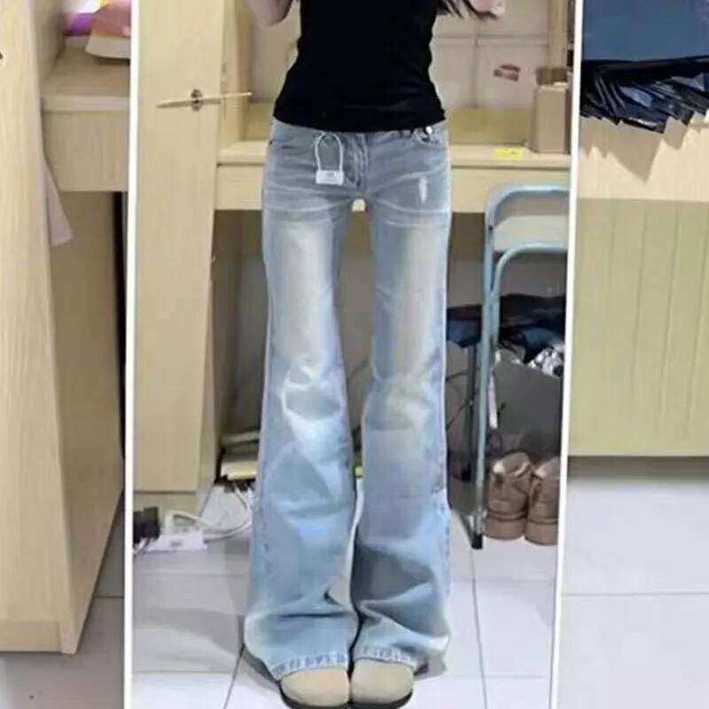 Light Wash Flared Jeans Women Plus Size Lace Low Rise Floor Length Slim Fit Bell Bottom Pants Trendy Design for Curvy Ladies X251224