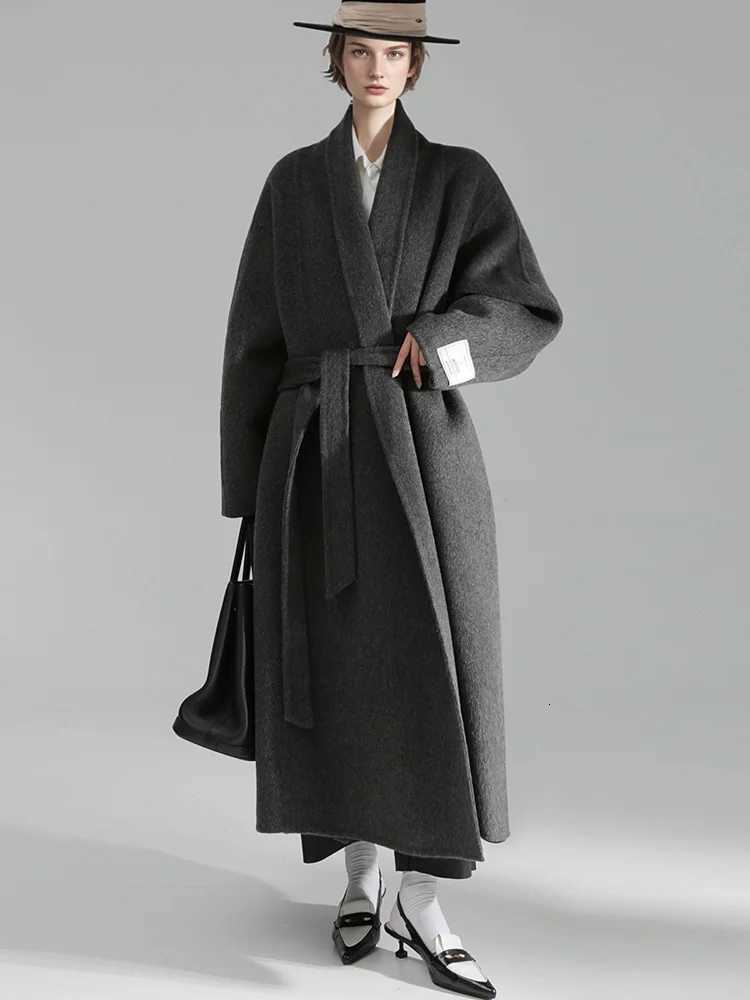 Bathrobe Style Loose 100Wool Coat Women Fashio Elegant Autumn Winter Jacket 2025T251224