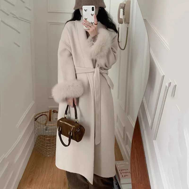 Autumn Winter New Double-Sided Cashmere High Quality Womens Woolen Coat 2025 Fashionable Fox Fur Sleeve Women Woolen Coat H700T251224