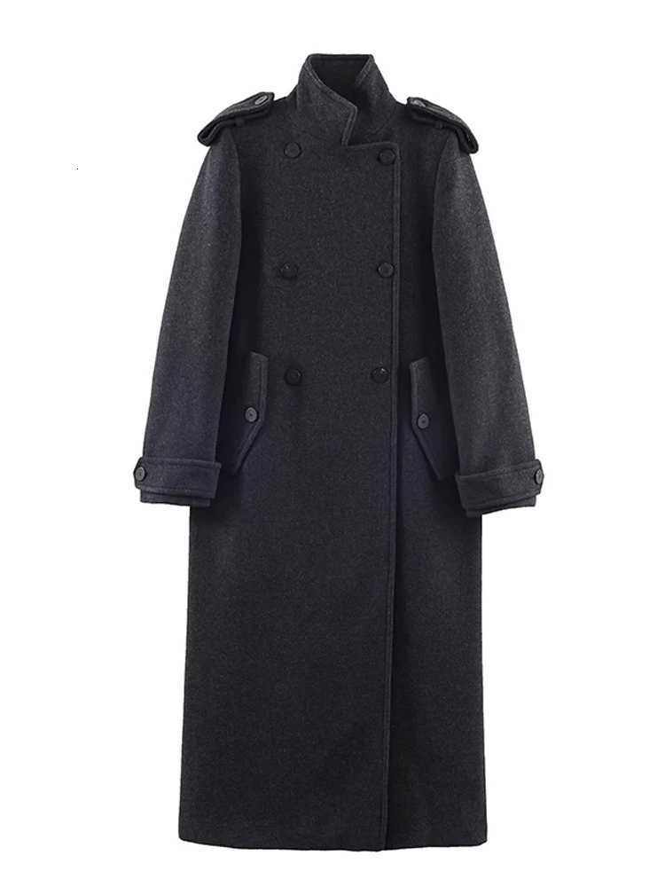 Casual Long Woolen Women Coat Fashion Stand Collar Full Sleeve Double Breasted Female Outwear 2026 Spring Autumn Lady StreetwearT251224