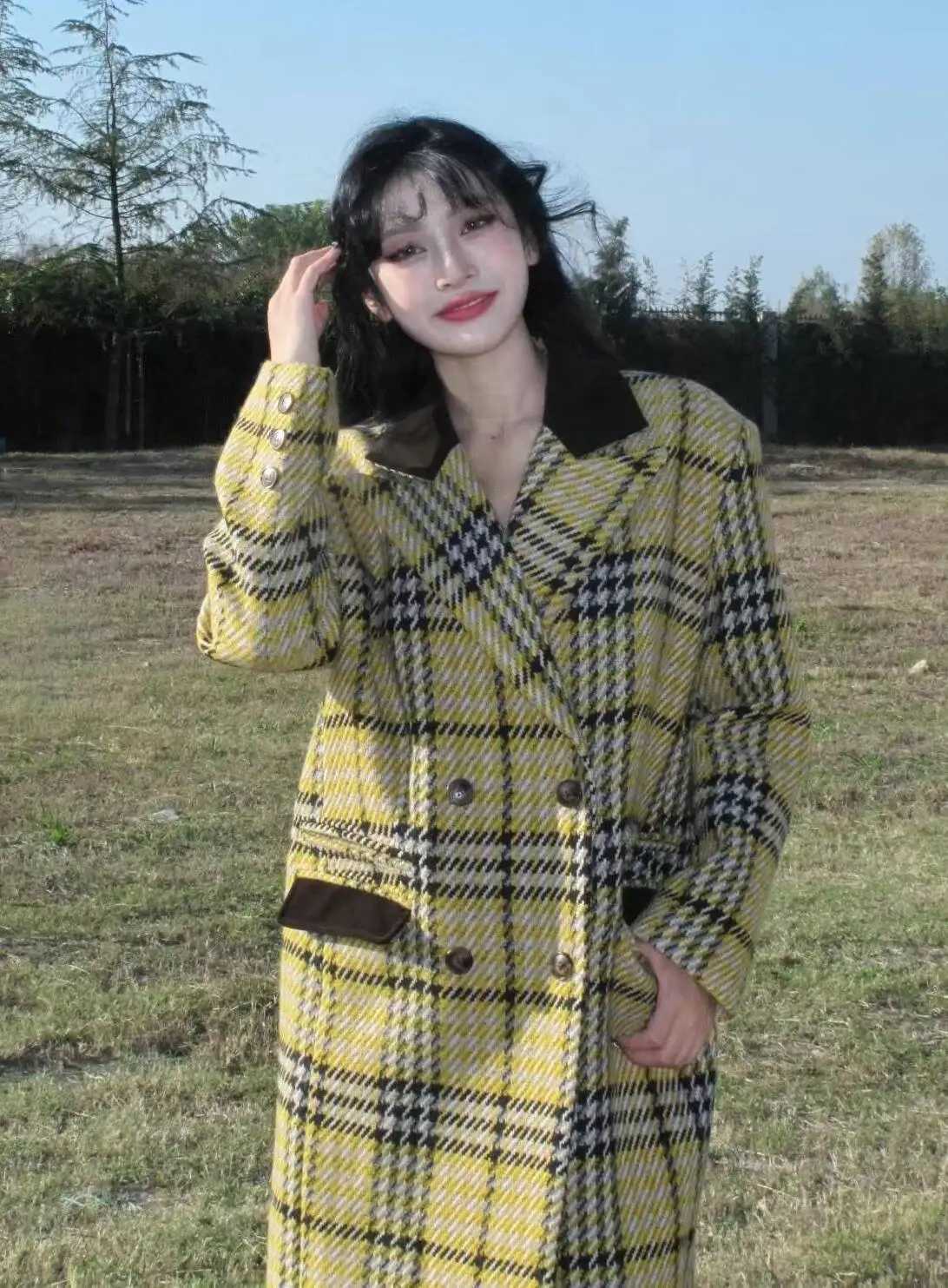 Wool Blend Coats Womens Woolen Coat Thickened Plaid Autumn Corduroy Double-Breasted Collar Gothic Style Club Outings Unique ChicT251224