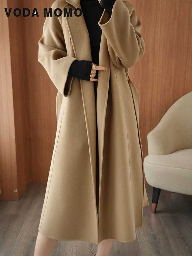 Long Overcoat Fall Outfits Women Spring Autumn Solid Lapel Loose Woolen Coat Lace-up Fashionable Wool Jackets Versatile KoreanT251224