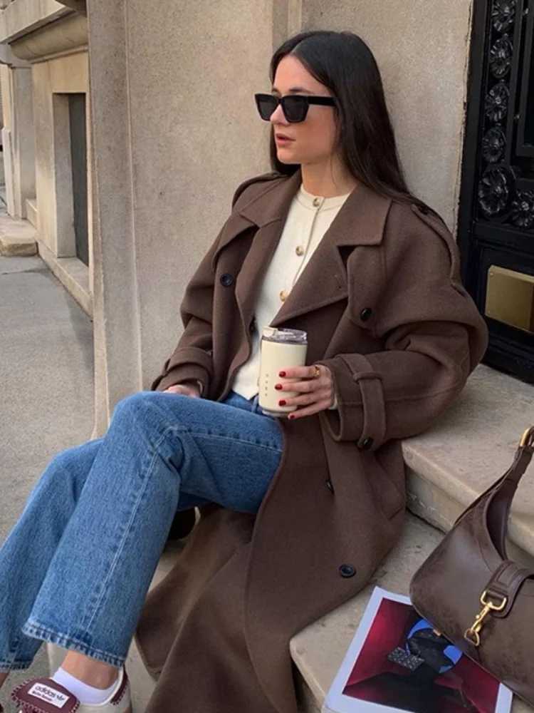 Fashion Long Woolen Jacket For Women Elegant Turn Down Collar Double Breasted Coats Female Winter Autumn Chic Street OuterwearT251224