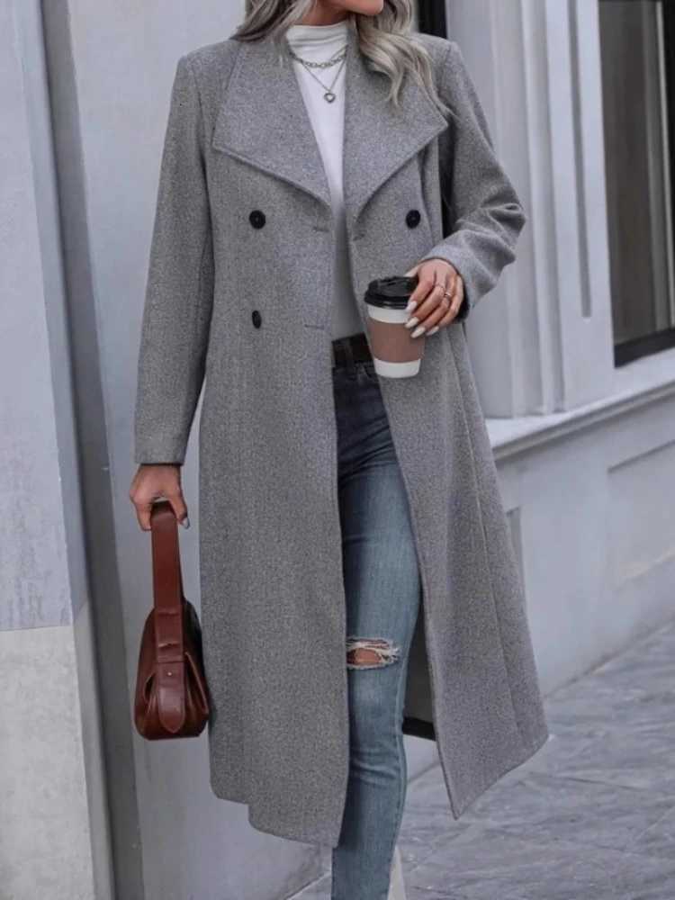 Chic Elegant Women Solid Color Grey Long Sleeve Pockets Double Breasted Fake Woolen Coat Woman Winter Warm Long OutwearT251224