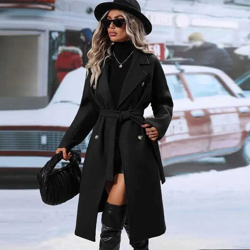Women Long Wool Blend Coats Female Turn Down Collar Thick Long Double Breasted Button Trench Overcoat JYFS-9238T251224