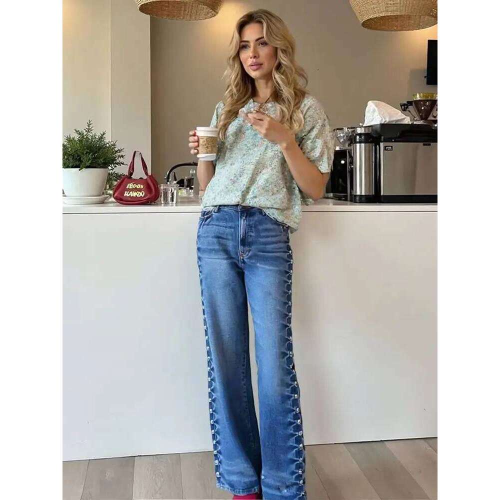 HH Street Fashion Straight With Metal Rivets High Waist Loose Wide-leg Jeans For Women Autumn Versatile Pants Vintage Bottom X251224