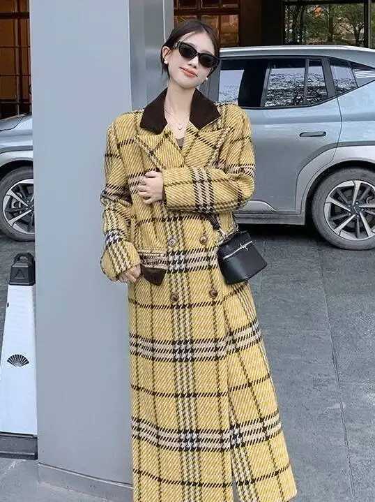 Wool Blend Coats Womens Woolen Coat Thickened Plaid Autumn Corduroy Double-Breasted Collar Gothic Style Club Outings Unique ChicT251224