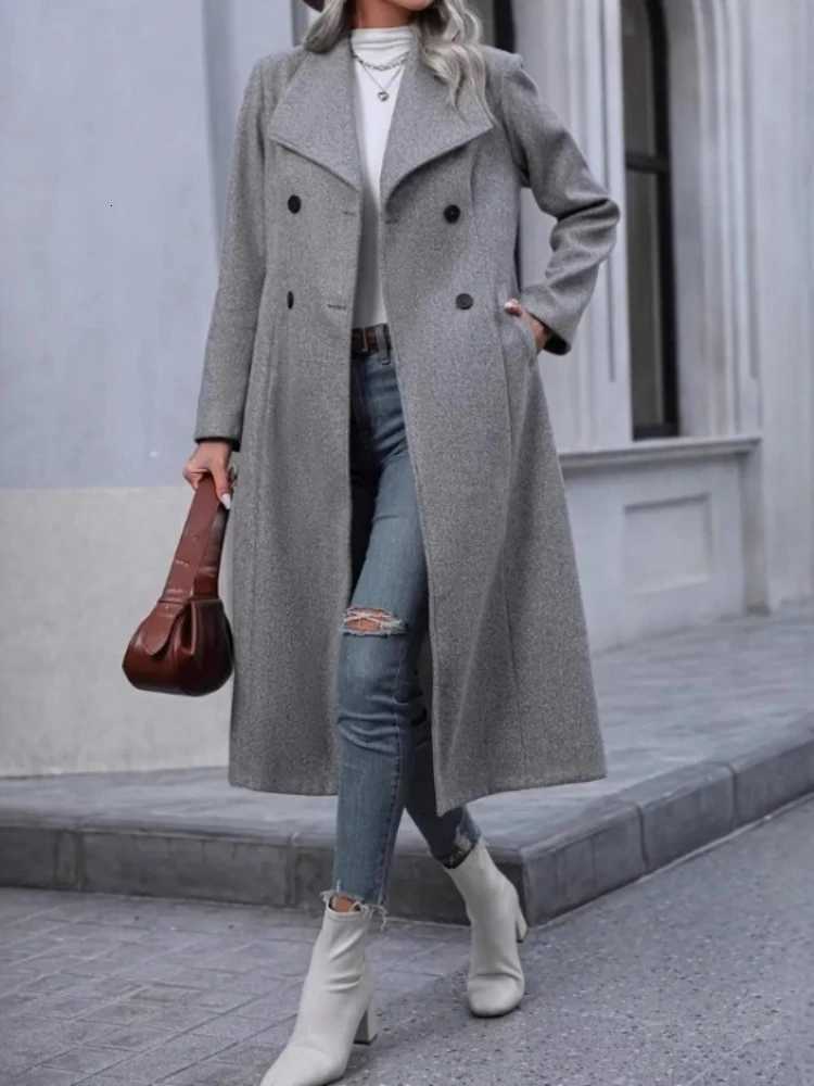 Chic Elegant Women Solid Color Grey Long Sleeve Pockets Double Breasted Fake Woolen Coat Woman Winter Warm Long OutwearT251224