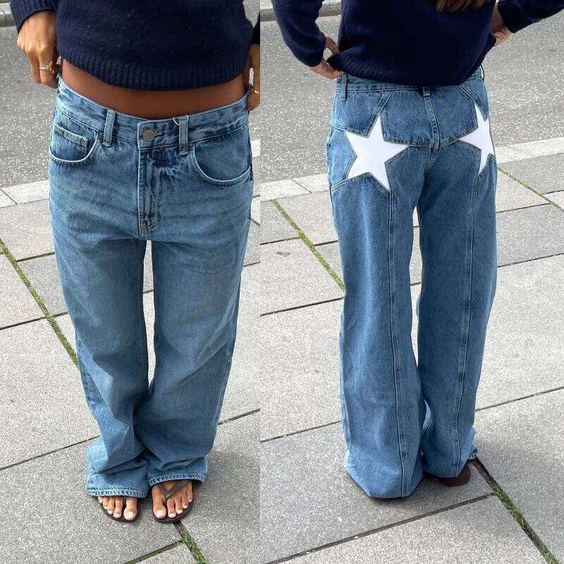Classic Straight Women Spliced Five-pointed Star Low Waist Denim Pants Fall Winter 2025 Spice Girl Street Style Y2k Jeans X251224