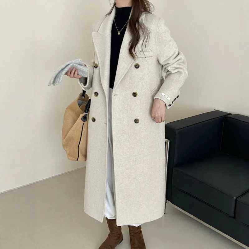 EAEOVNI Winter Wool Warm Long Coat Women Fashion Solid Color Double Button Belt Office Lady Jacket 2025 New ClothingT251224