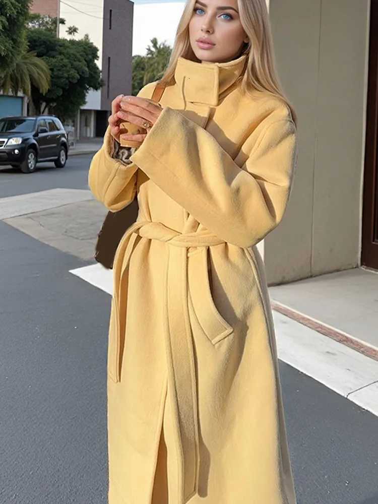 Fashion Turtleneck Lace Up Overcoat Women Elegant Yellow Casual Stand Collar Pocket Loose Outerwears Lady Commute Office JacketT251224
