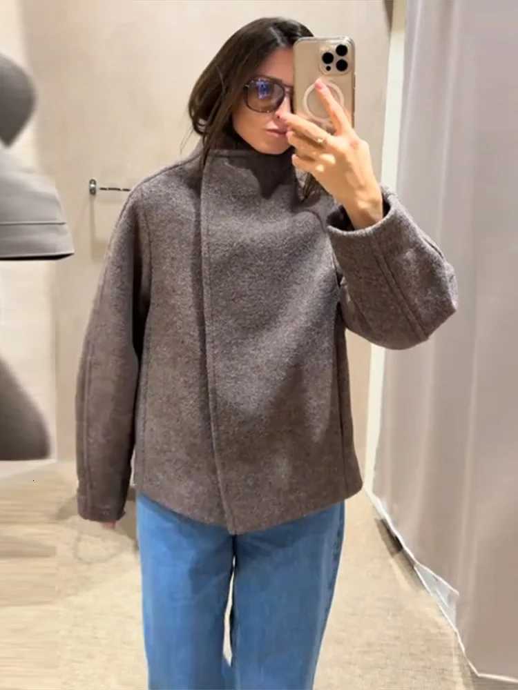 Women Elegant Stand Collar Woolen Overcoat Casual Full Sleeve Single Breasted Loose Short Coats Lady Commute Office OuterwearT251224